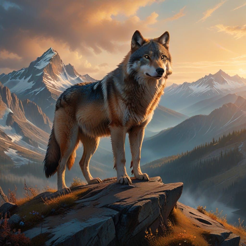 Lone Wolf on Windswept Peak in Golden Light