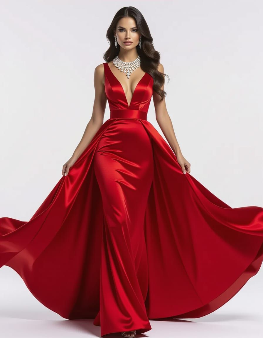 Elegant Woman in Red Gown with Diamond Necklace
