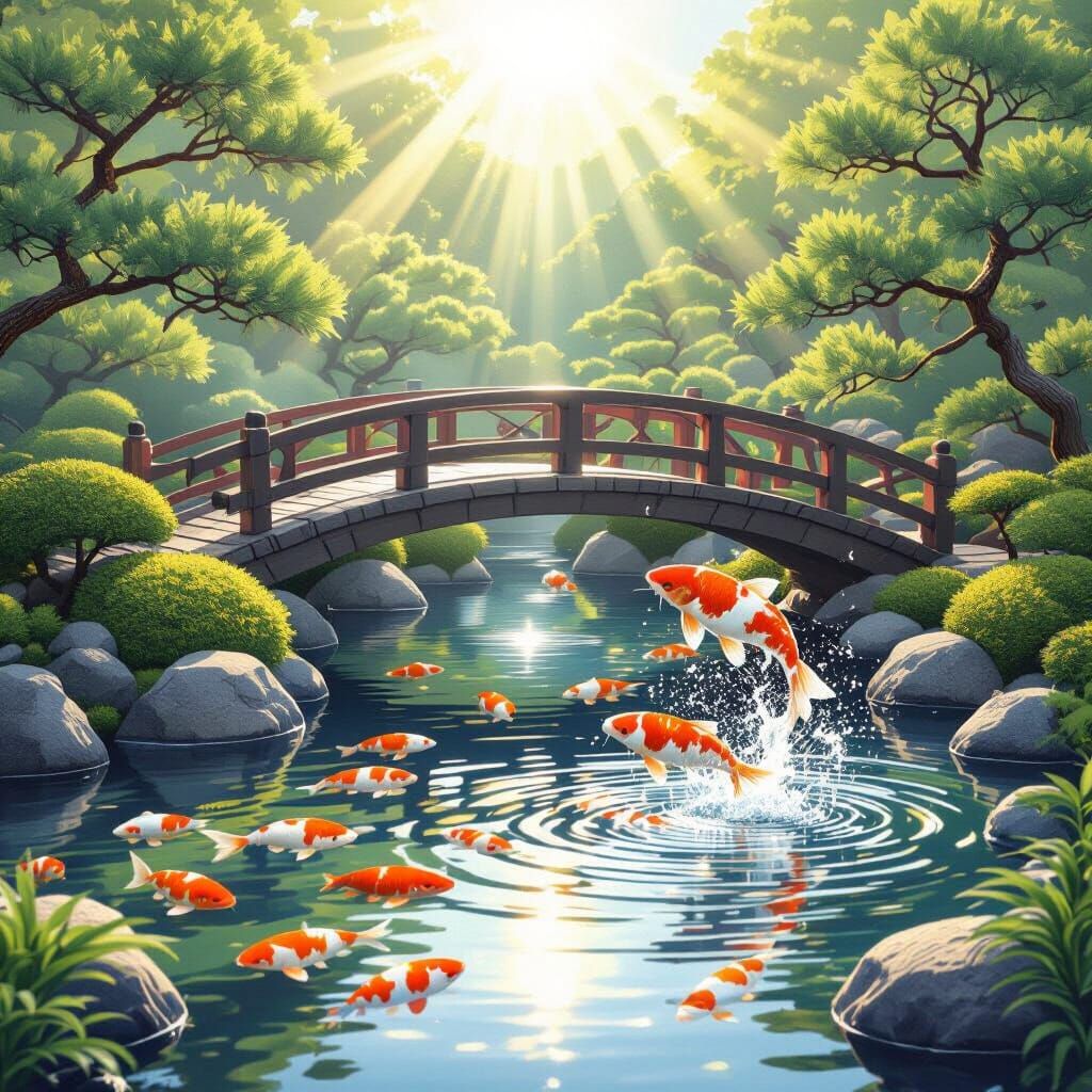 Serene Japanese Garden with Koi Pond and Sun Rays