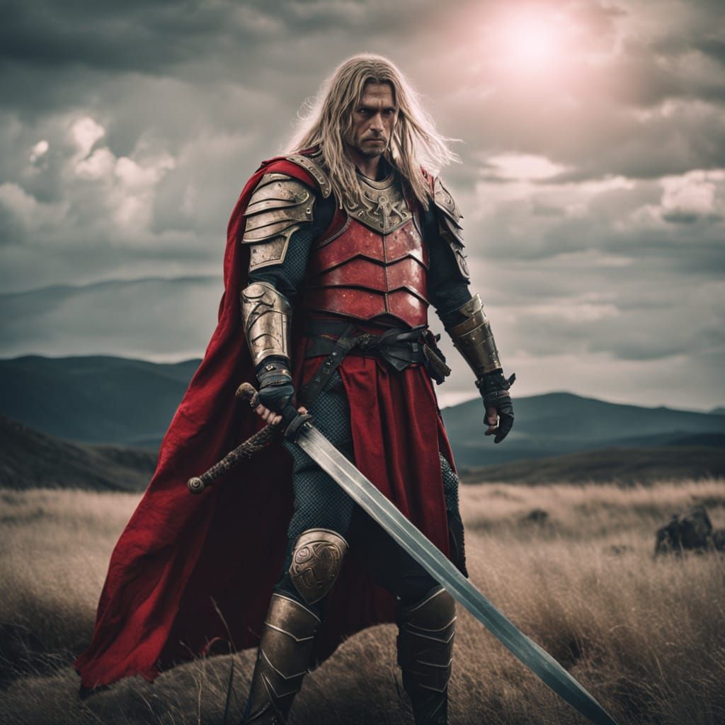 Epic Male Fighter in Red Armor With Sword and Shield
