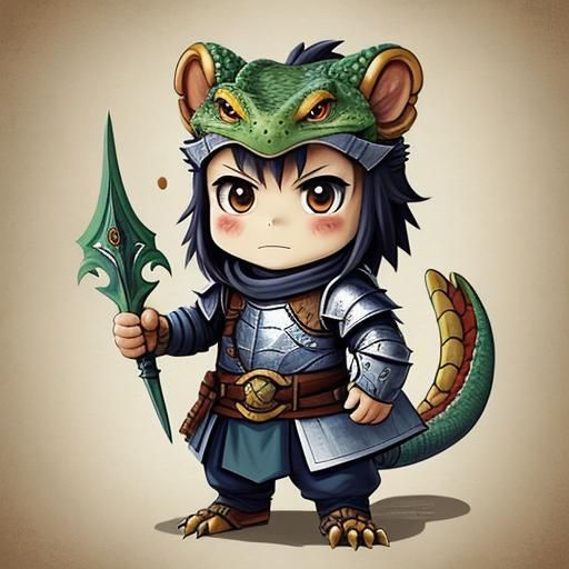 Chibi Lizard Warrior Storybook Illustration