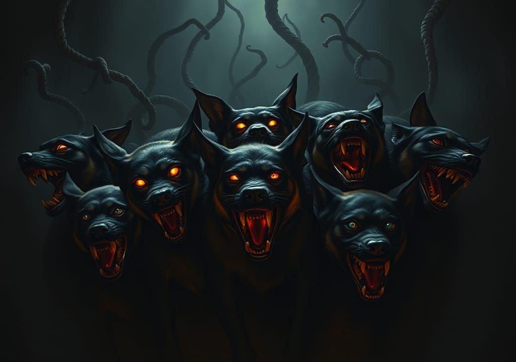 Menacing Dogs in a Dark, Surreal Landscape