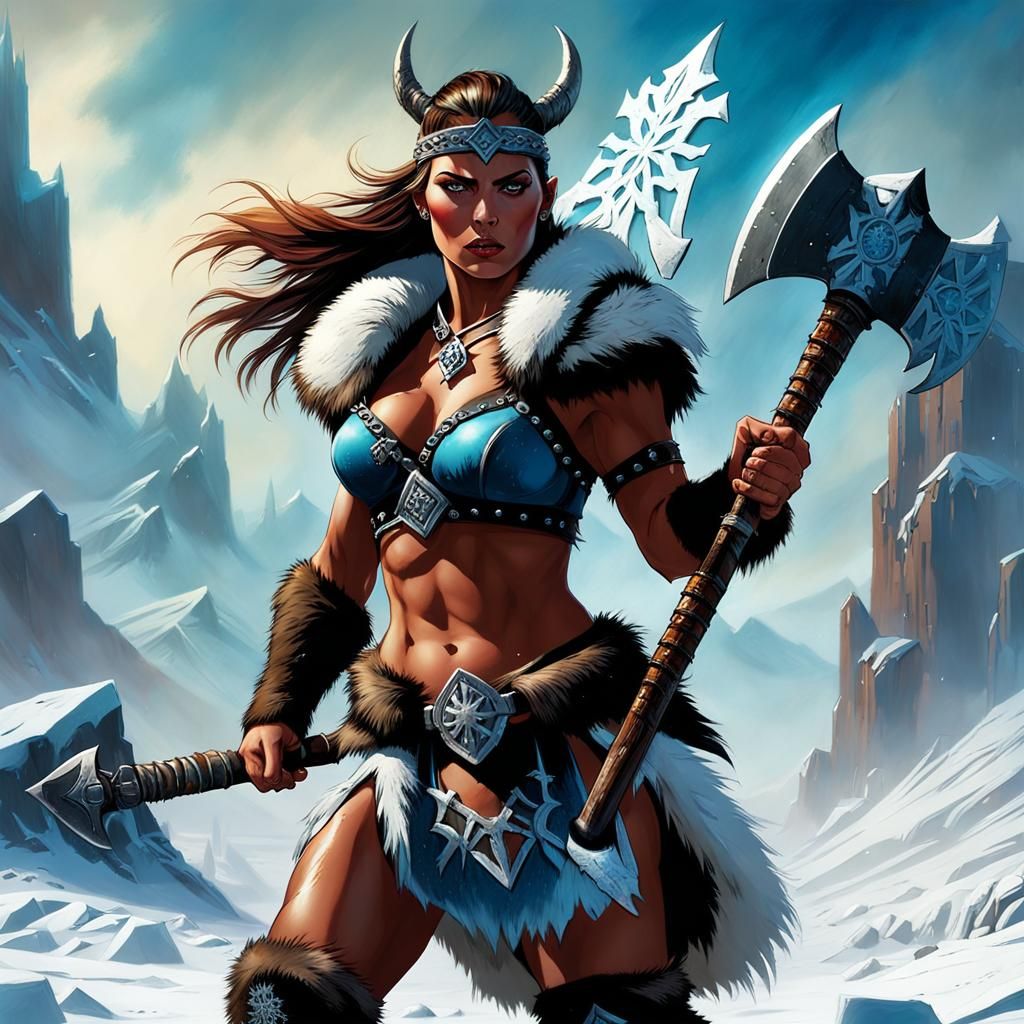 Barbarian Queen in Frozen Wasteland, Hyperrealistic Art