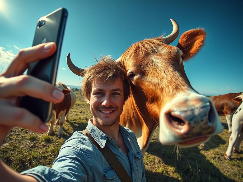 Cow Eats Hair in Photorealistic Selfie