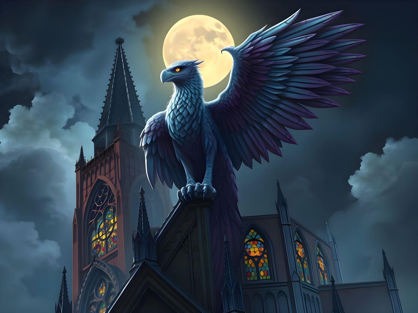 Griffin Perched Atop Gothic Cathedral in Dark Fantasy Style