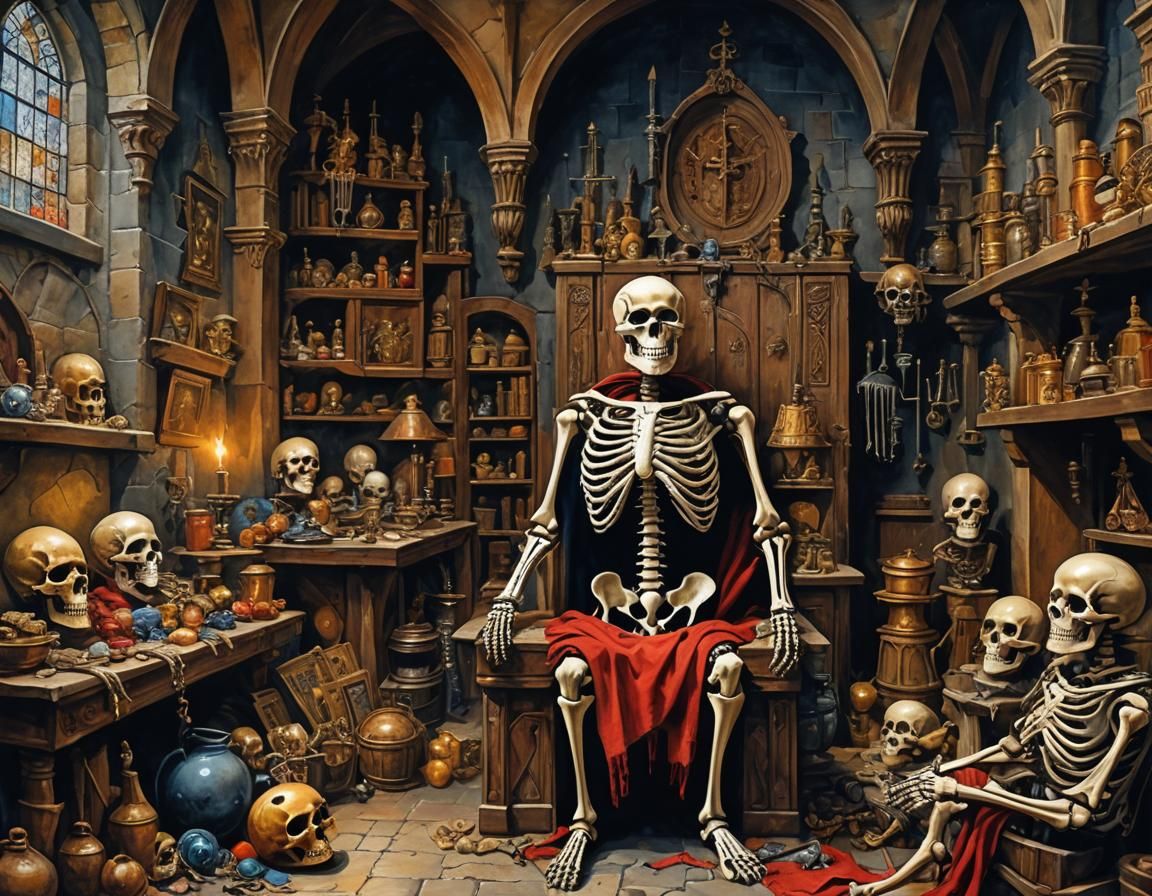 Medieval Lair as Maximalist Gouache Watercolor Painting