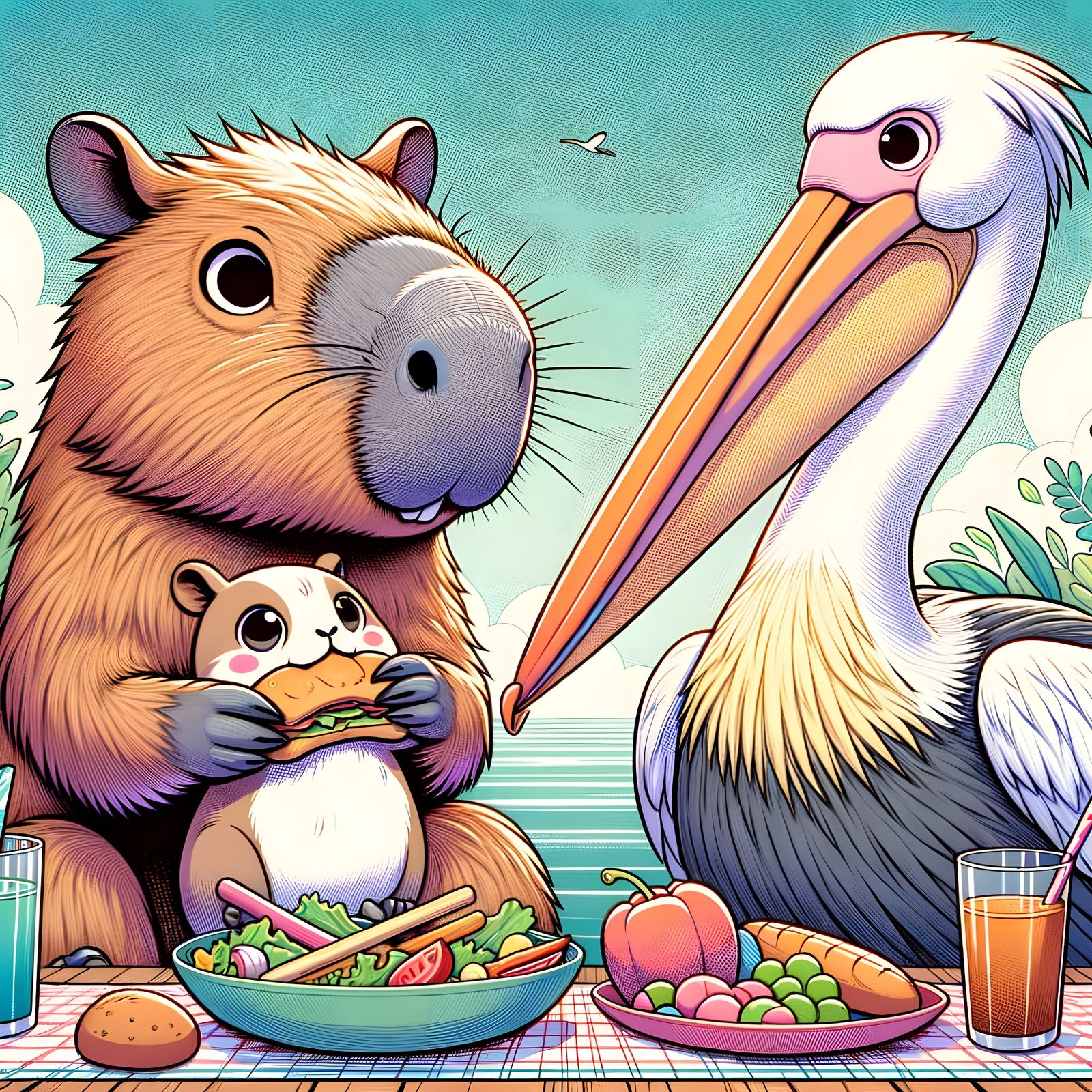 Capybara and Pelican Lunch in Kawaii Style