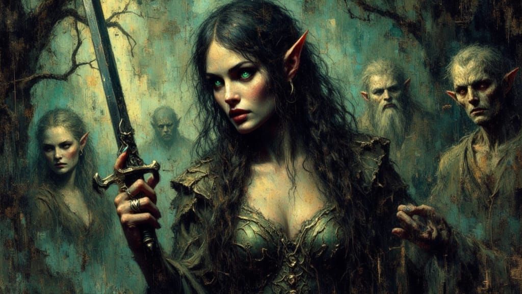 Elven Warrior Woman in Forest, Bisley Style