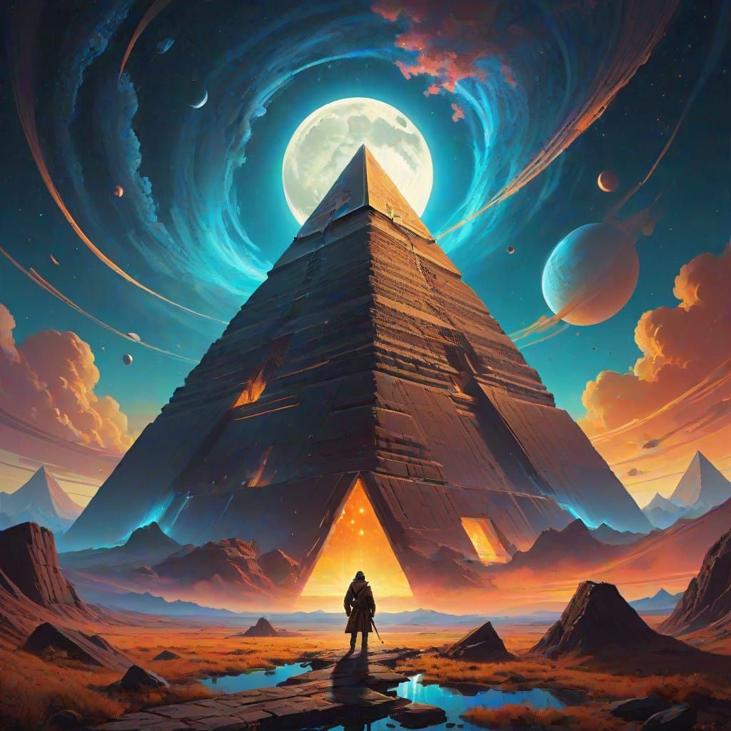 Golden Crystal Pyramid Amidst a Vibrant Galaxy with Stars an...