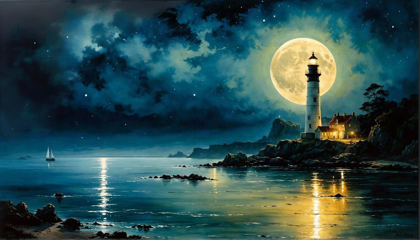 Moonlit Lighthouse in Impressionist Oil Painting Style