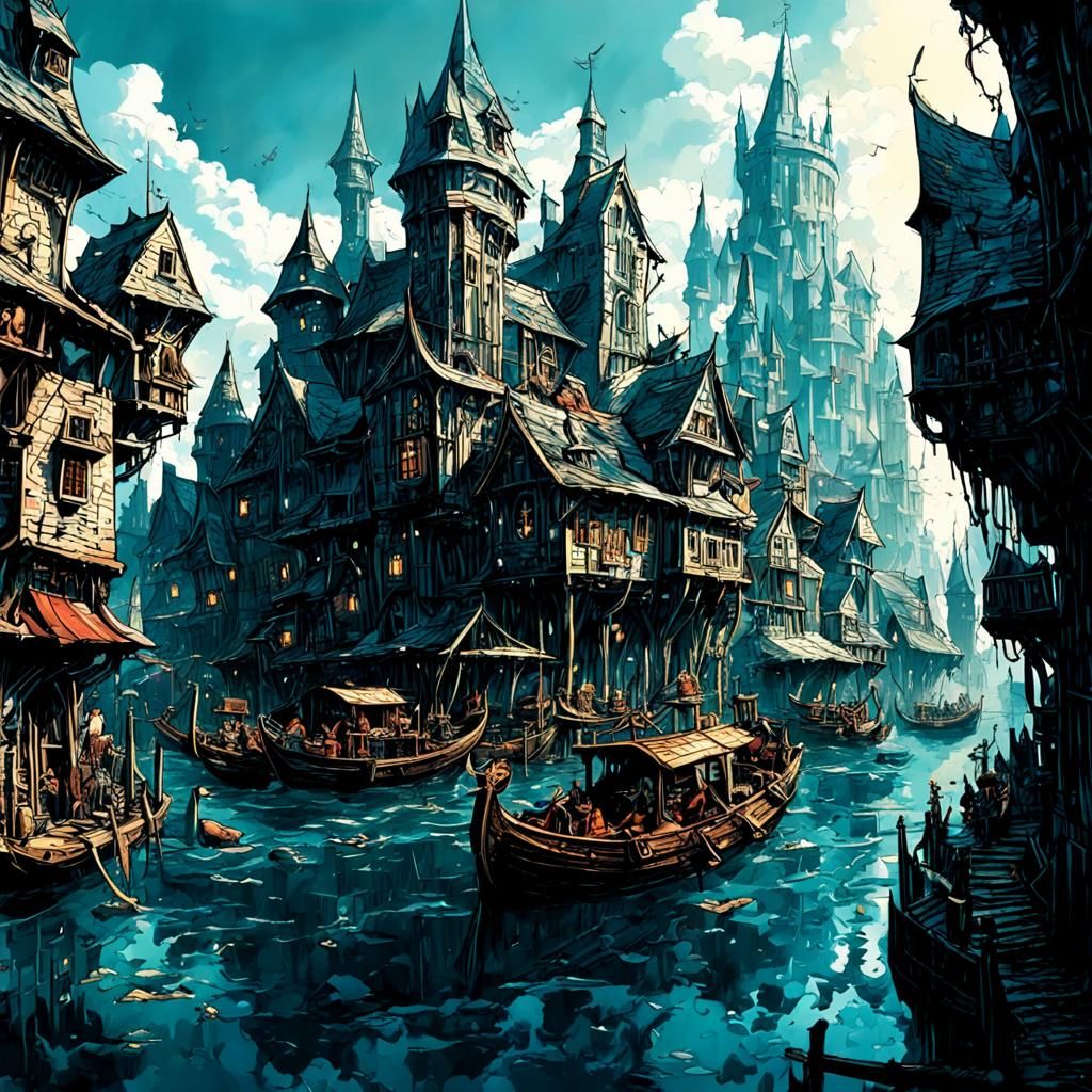 Floating Boat City with Whimsical Architecture