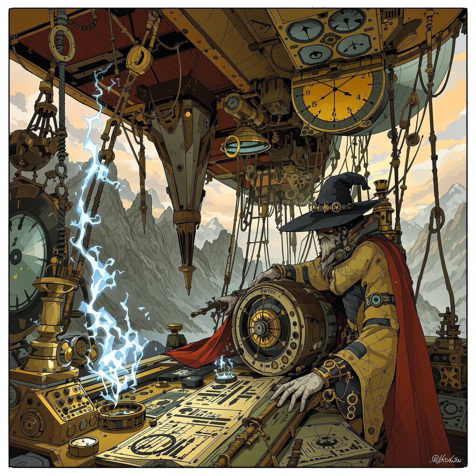 Wizard Navigator on Steampunk Airship in Mountain Crags