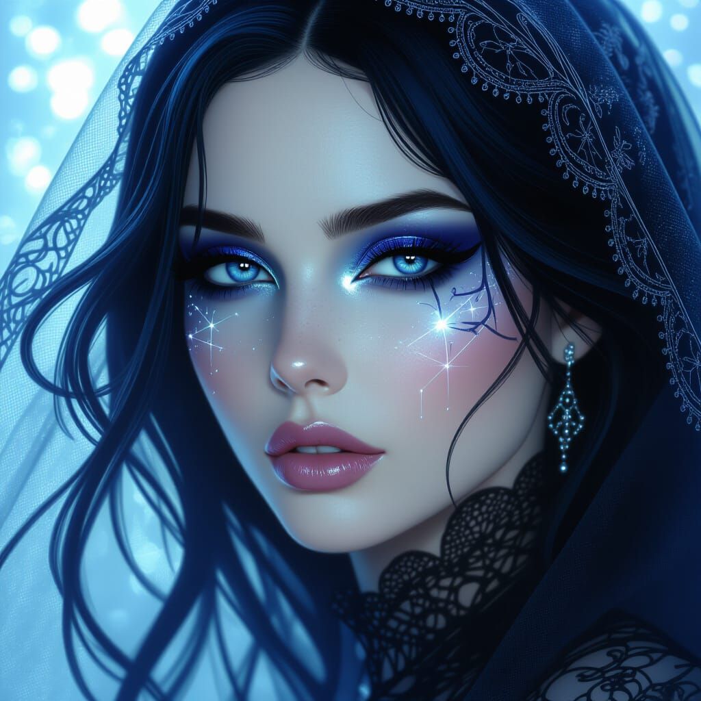 Gothic Woman With Constellation Makeup In Ethereal Light