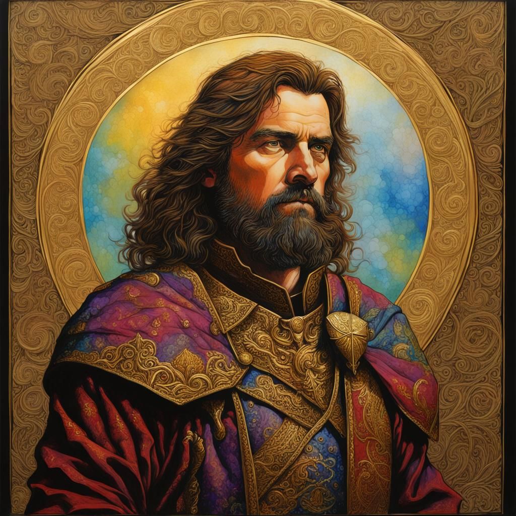 Fantasy Paladin Portrait with Gilded Filigree