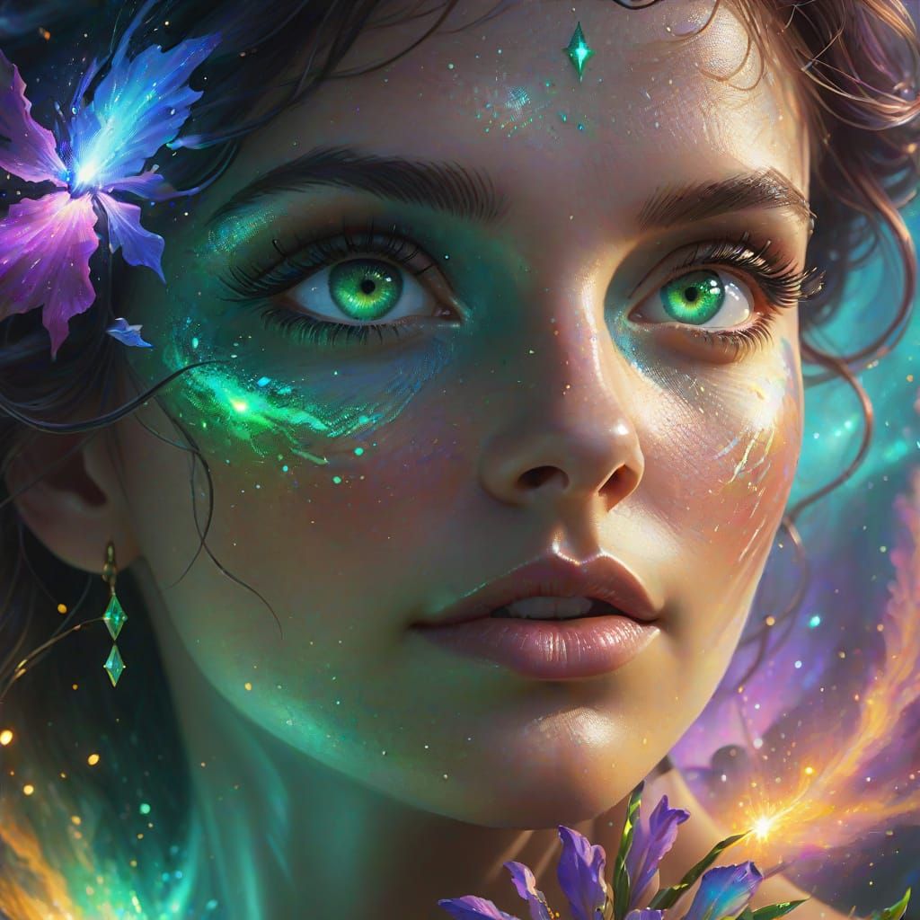 Dreamy Fantasy Portrait with Emerald Nebulae Eyes