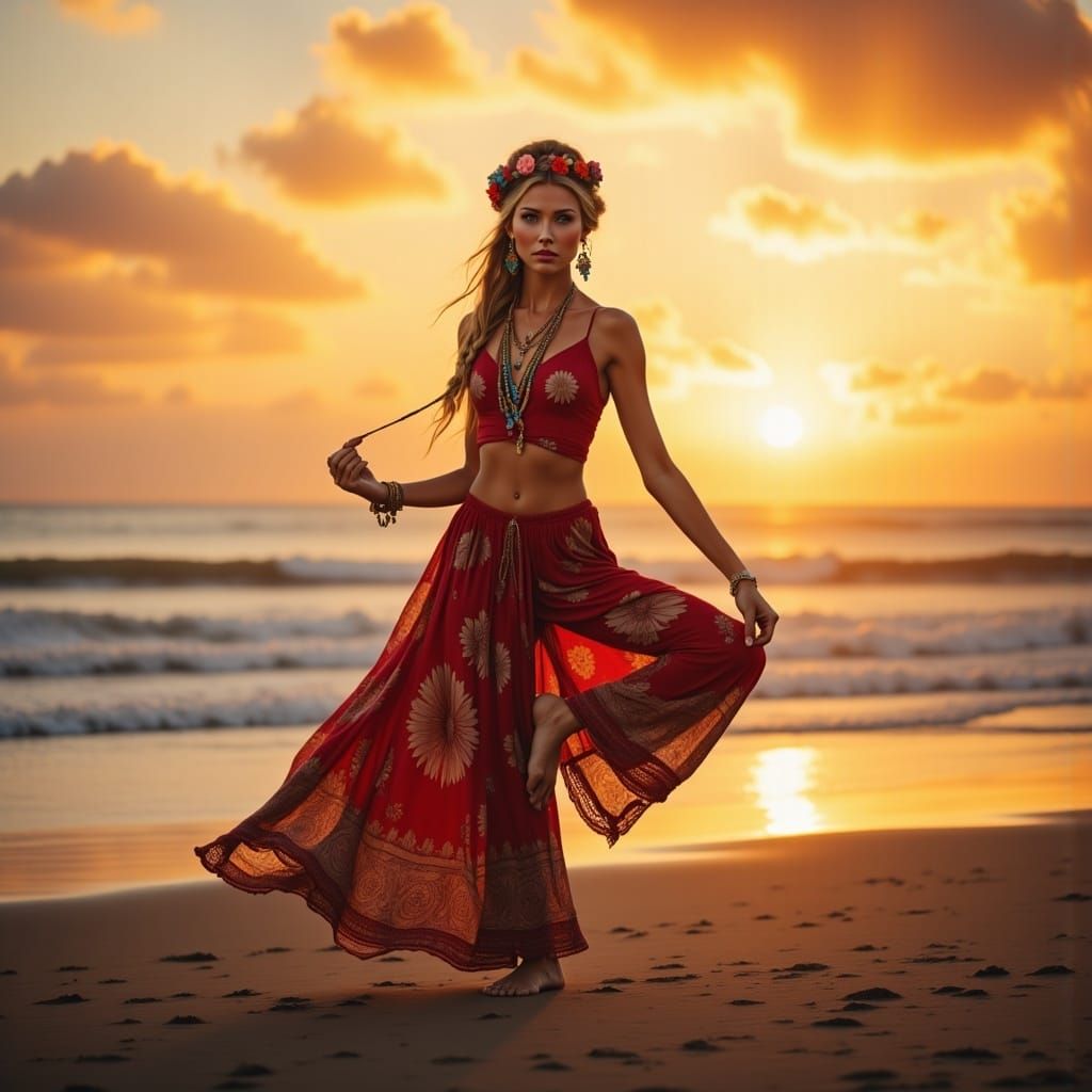 Yoga on Beach at Sunrise in Hippie Style