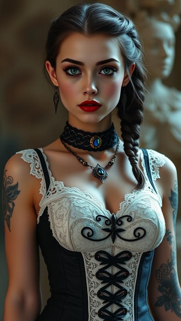 Vampire Woman in Gothic Attire with Emerald Eyes