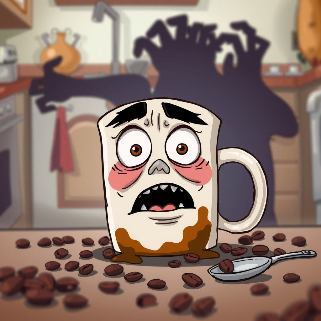 Terrified Coffee Mug in a Cartoon Kitchen