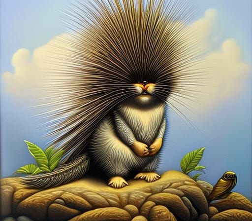 Baby Porcupine Eating Pineapple in Steampunk Art Deco Style