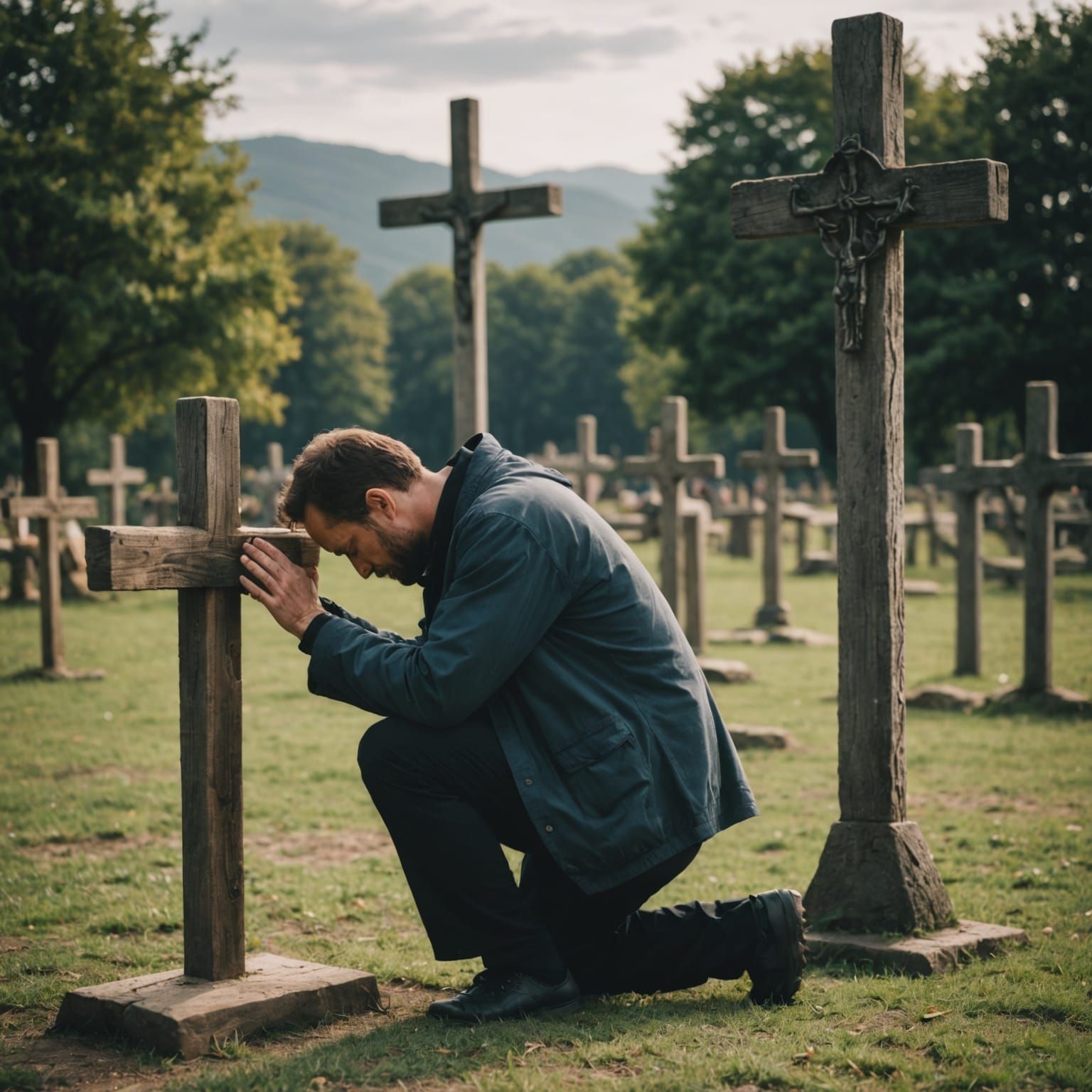 Man Kneeling in Prayer at the Cross