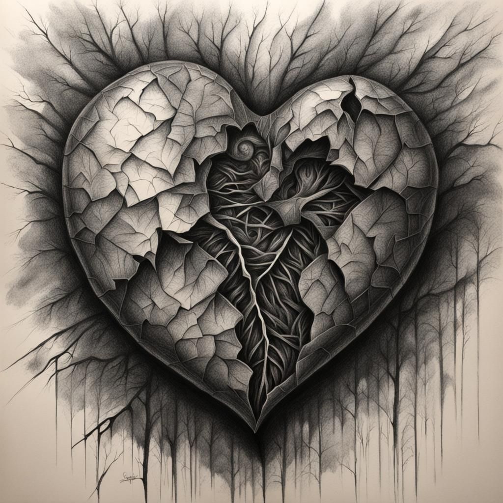 Hyperdetailed Charcoal Drawing of a Broken Heart
