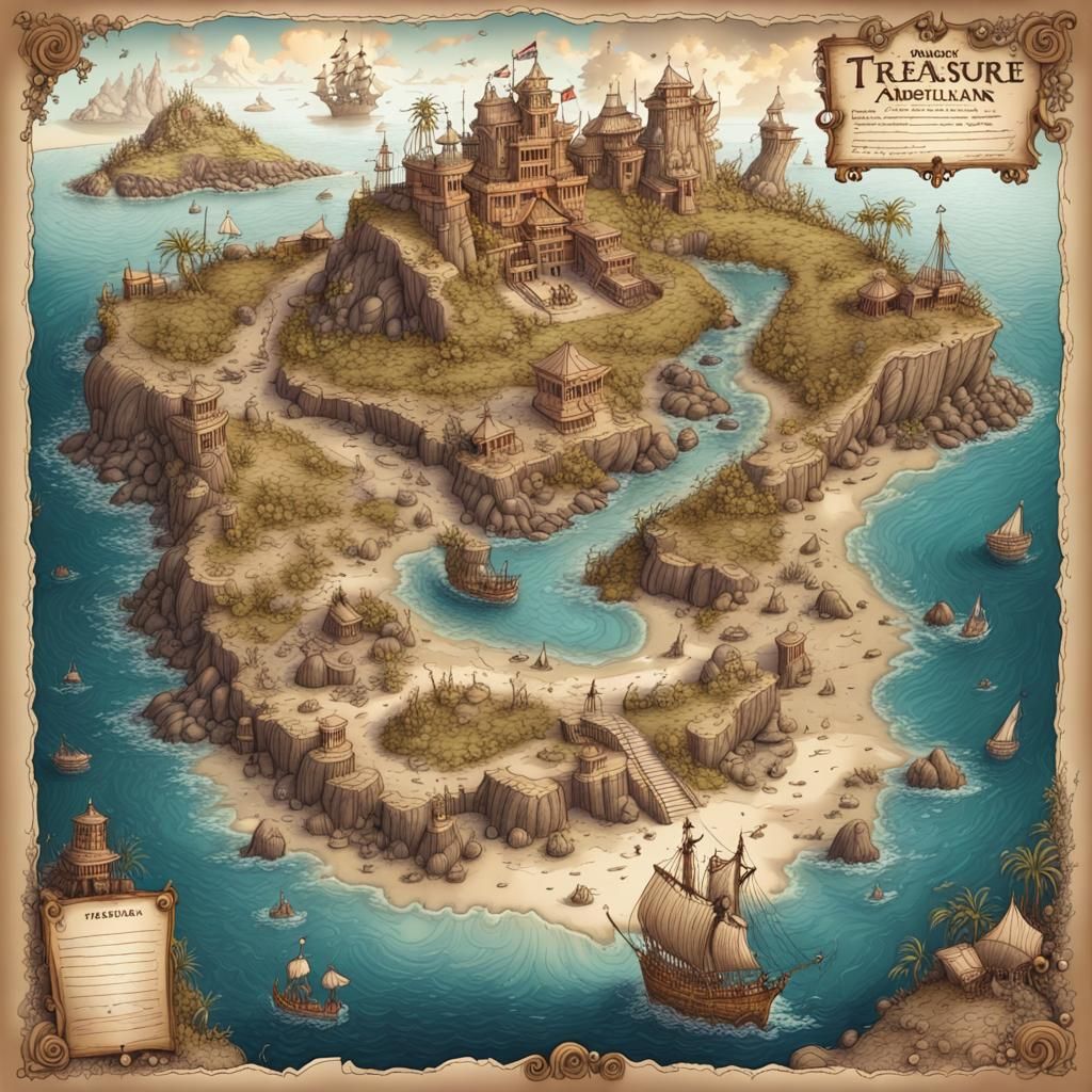 Detailed Hand-Drawn Treasure Island Map Illustration
