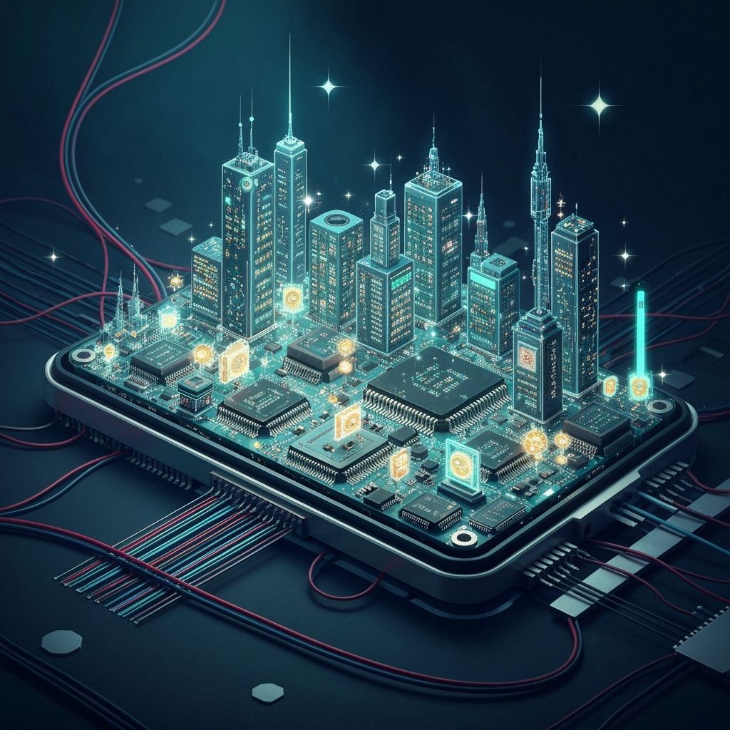 Whimsical Miniature City on Circuit Board with Neon Lights