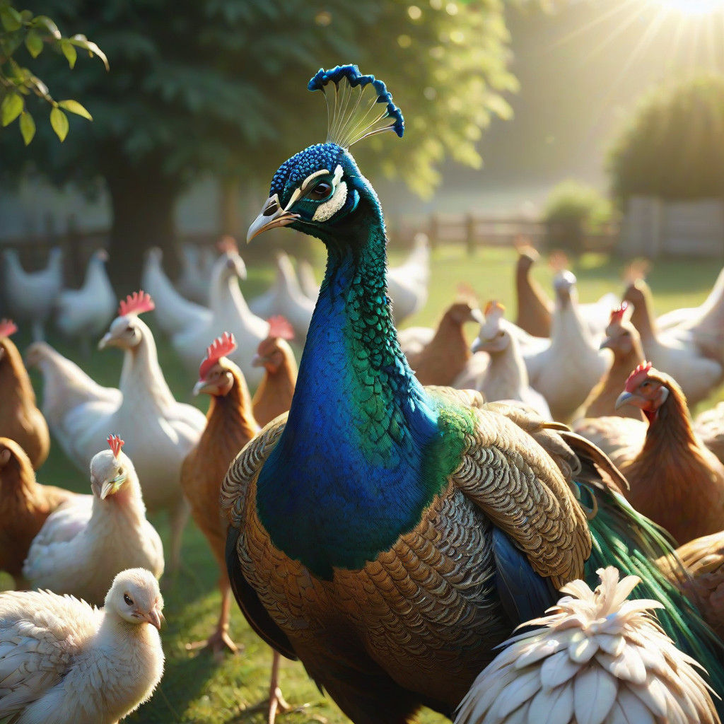 Vibrant Peacock in Lush Farmyard Scene