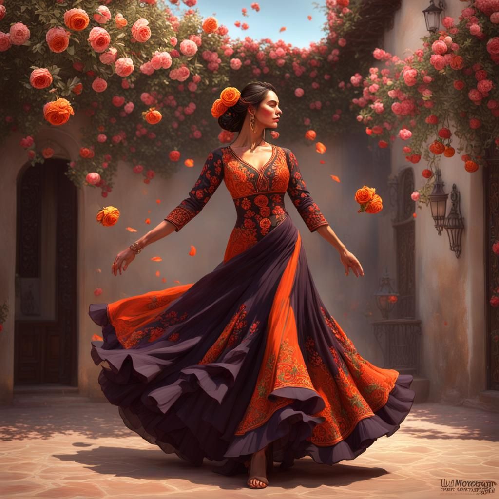 Spanish Woman with Roses: Hyperdetailed Dynamic Portrait