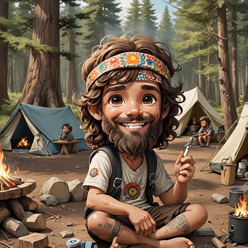 Happy Hippy Chibi Man at Bonfire, Hyperrealistic Art