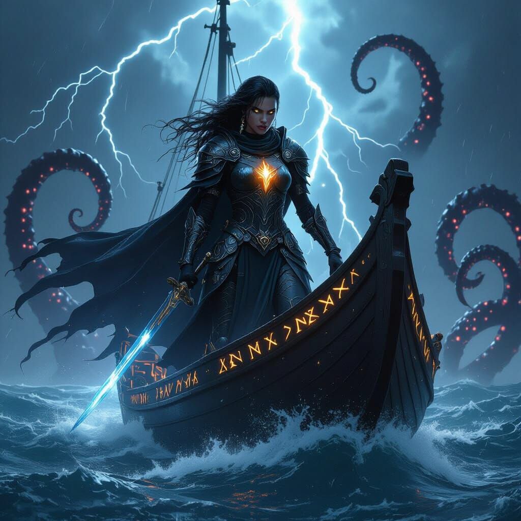 Gothic Warrior on Spectral Ship in Stormy Seas