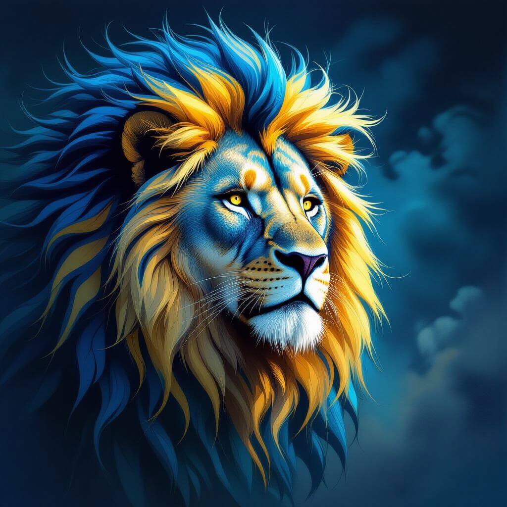 Lion with a Vibrant Blue and Yellow Mane