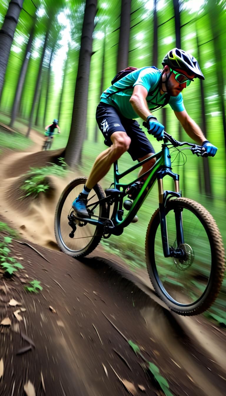 Mountain Biker in High-Speed Descent Through Treeline