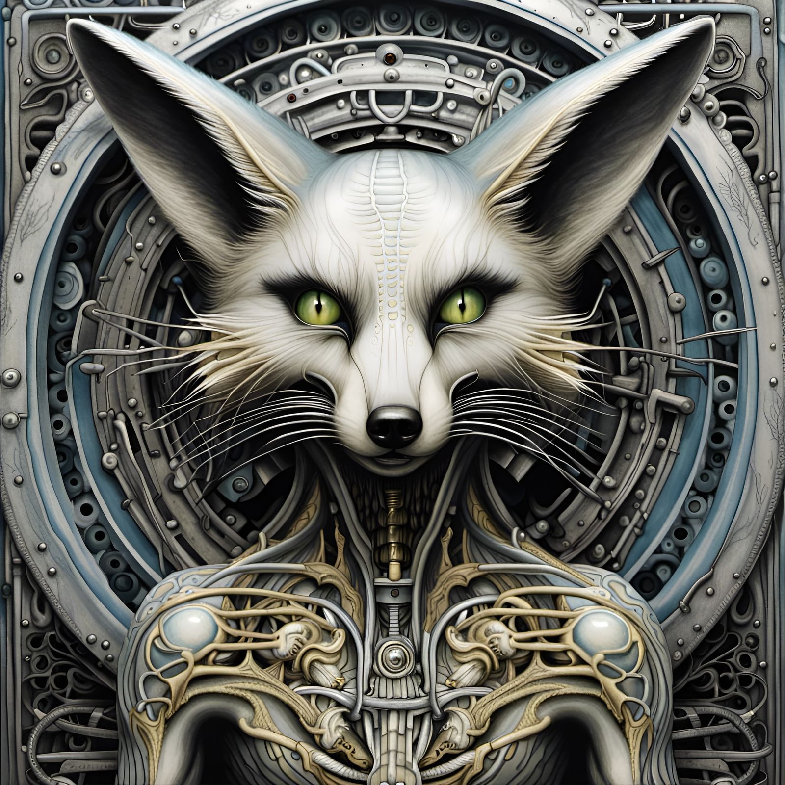 Biomechanical Anthropomorphic Fox in Grayscale Style