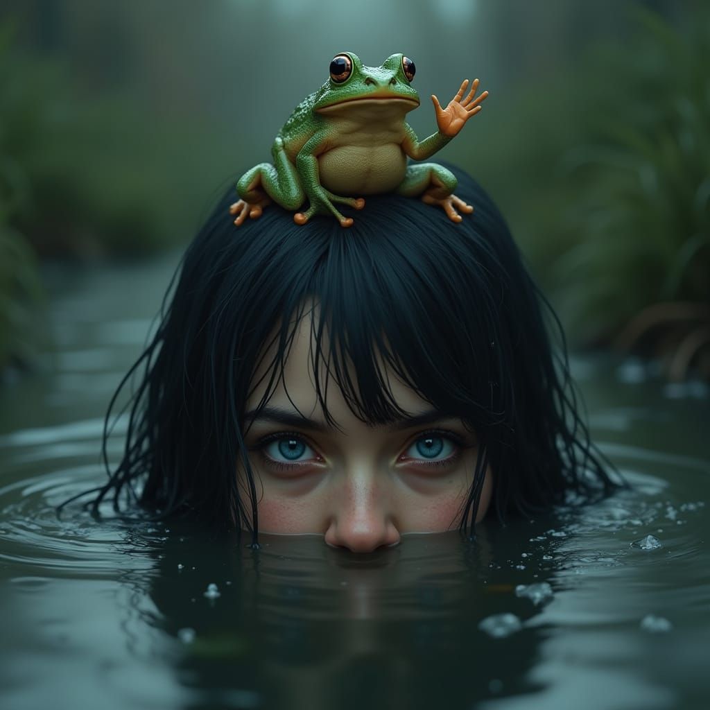 Mysterious Woman Emerges from Pond in Photorealistic Style