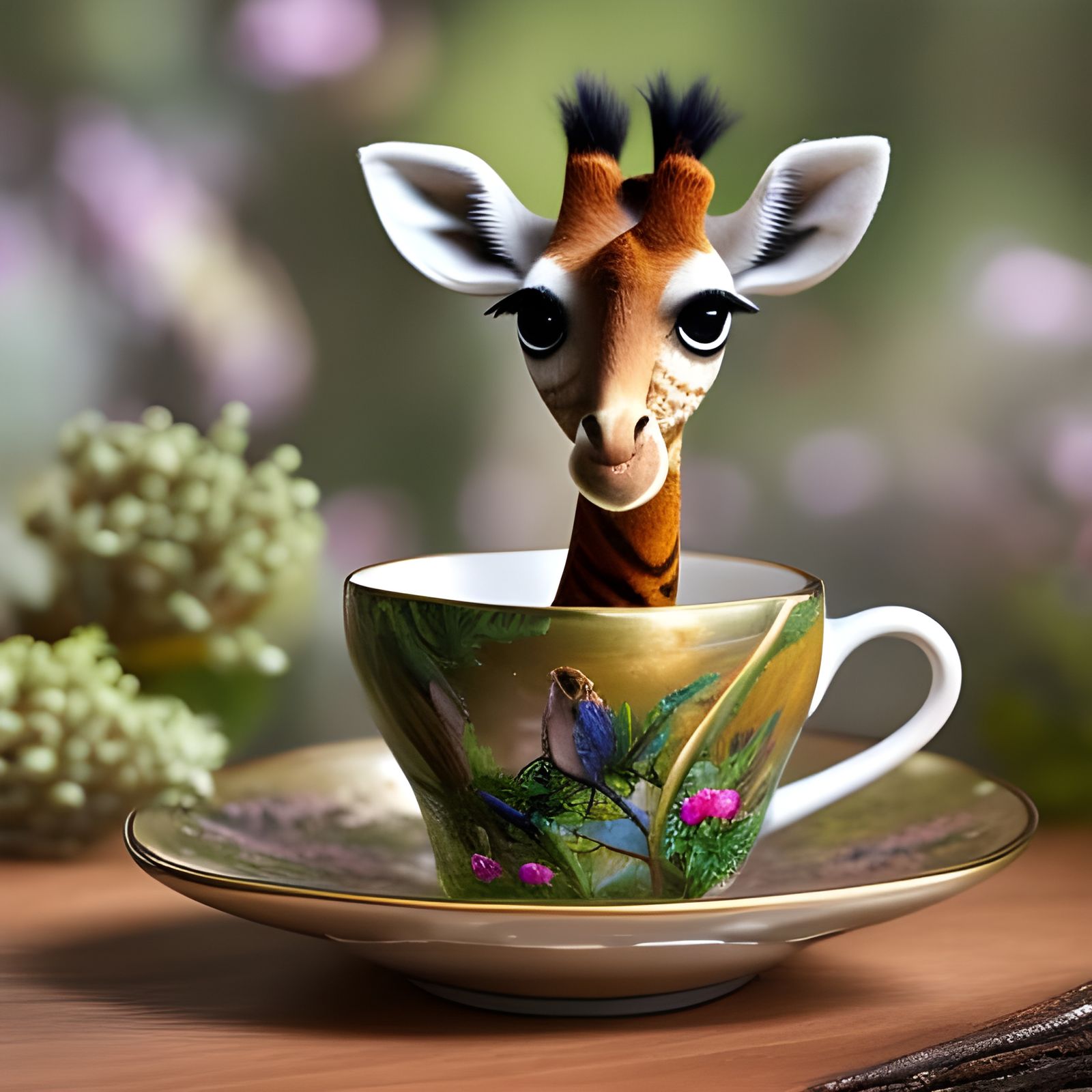 Cute Giraffe Cub in Teacup: Detailed Digital Art