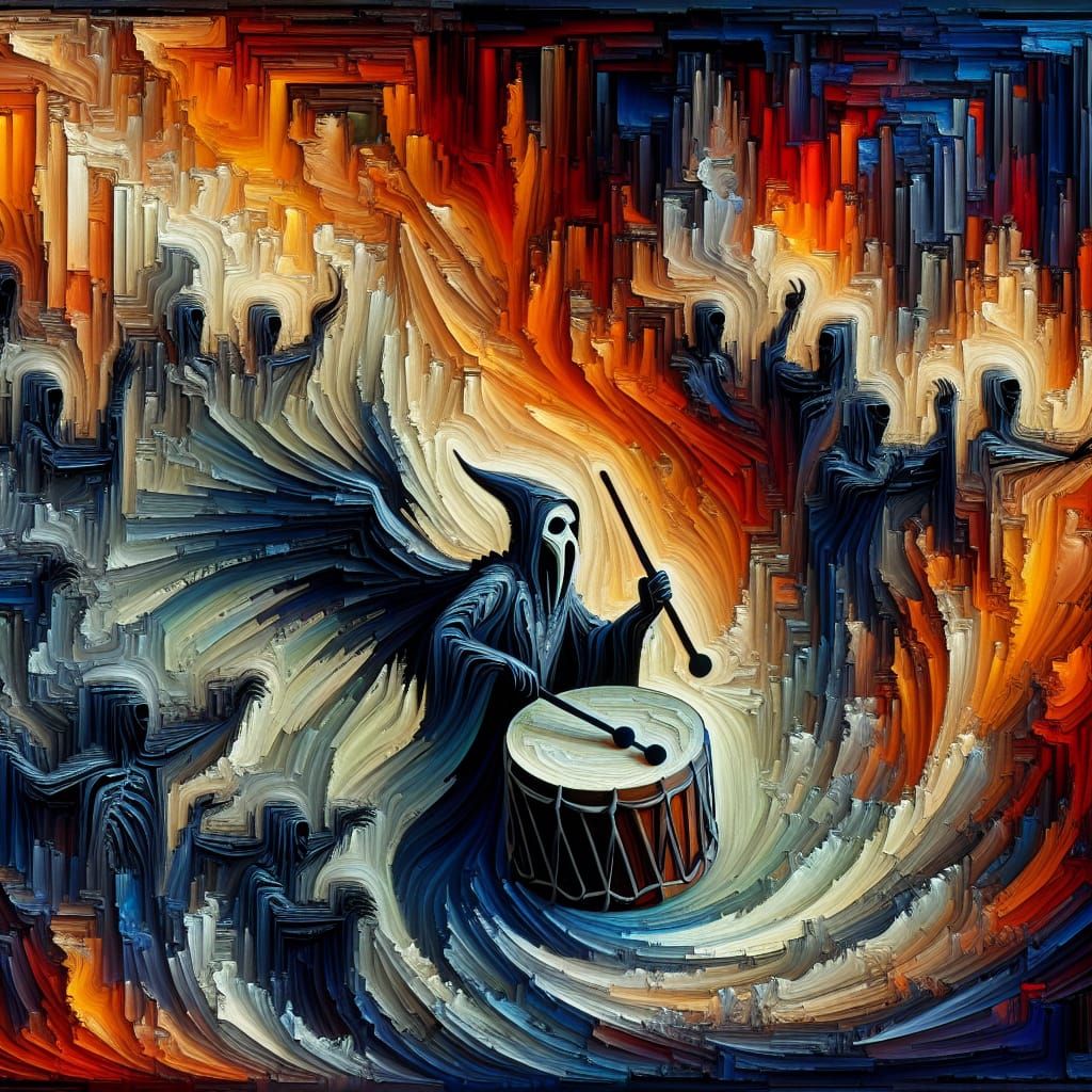 Ominous Witch Drum Abstract Art in Complementary Colors
