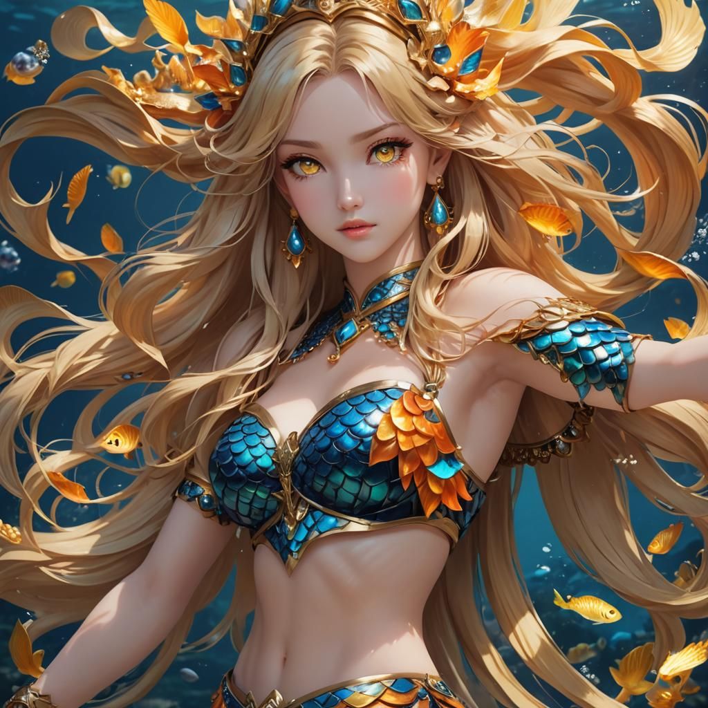 Anime Mermaid with Blue and Orange Scales in 3D