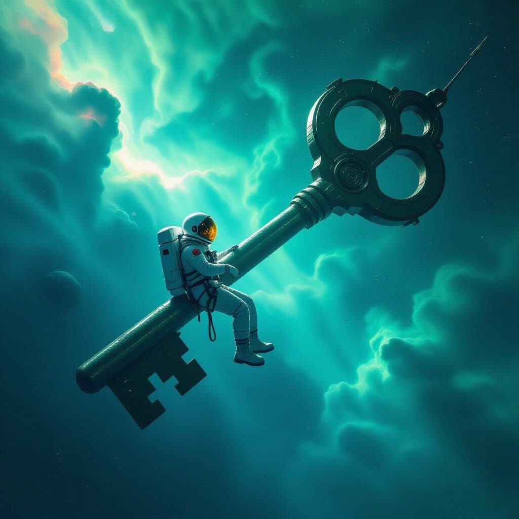 Astronaut Adrift Tethered to Key Spaceship Amidst Cosmic Won...