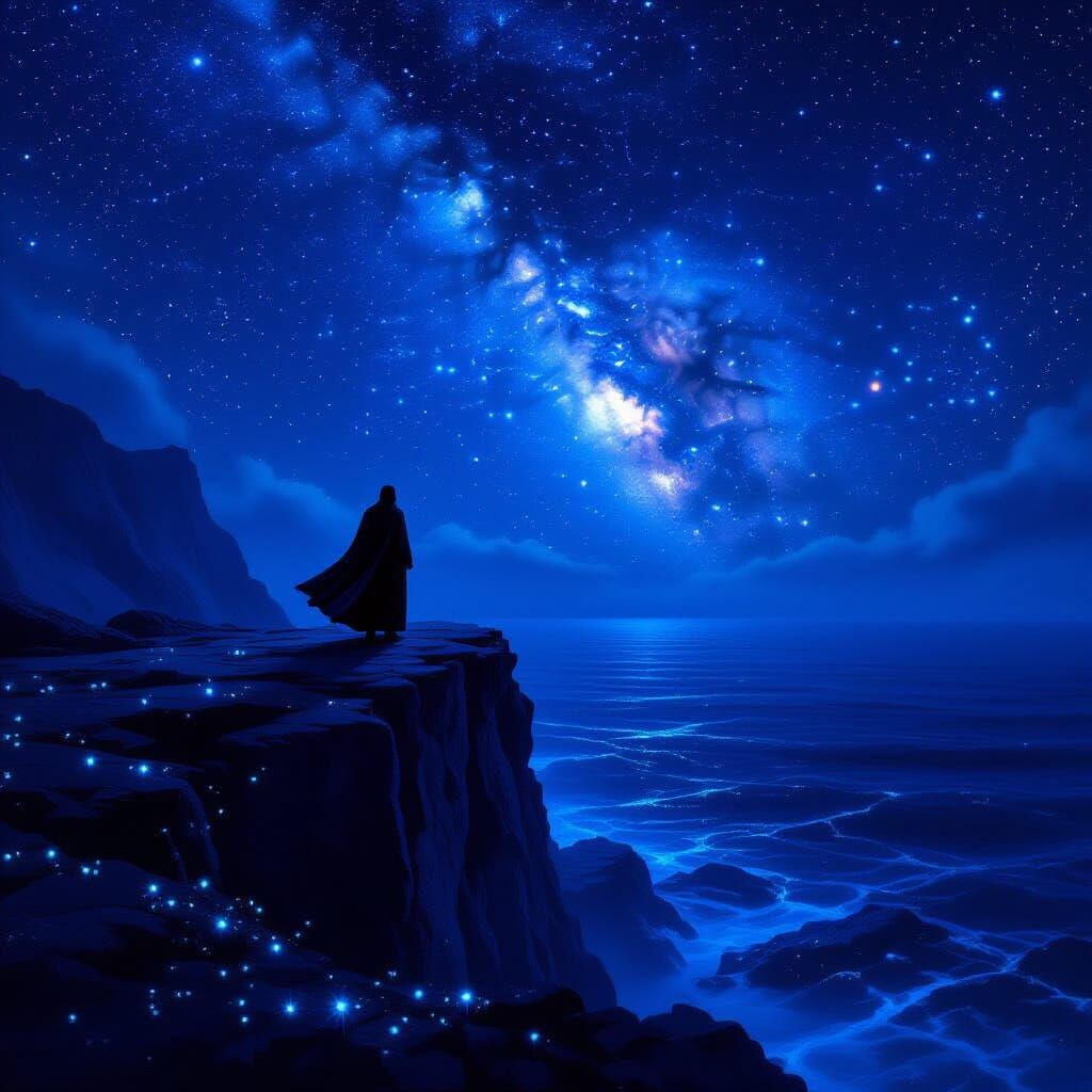 Starlit Silhouette: Bioluminescent Ocean in Digital Light Ar...