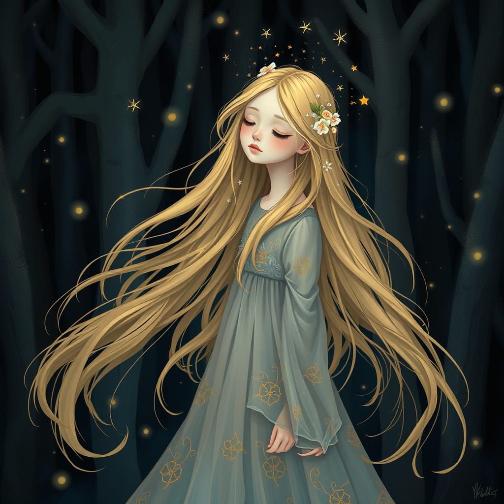 Ethereal Blonde Girl in Mystical Forest