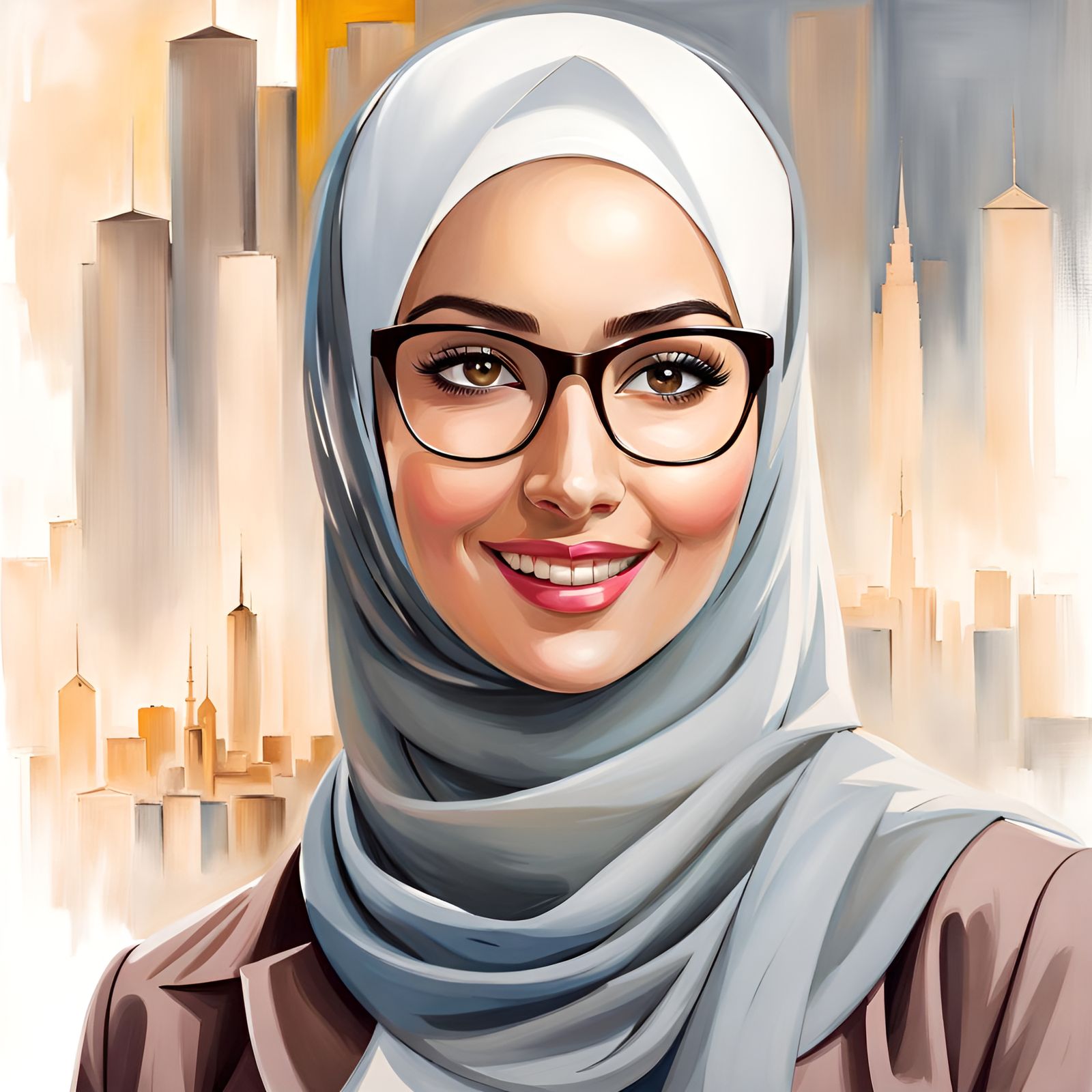 Elegant Hijabi Woman Smiling in City, Oil Painting