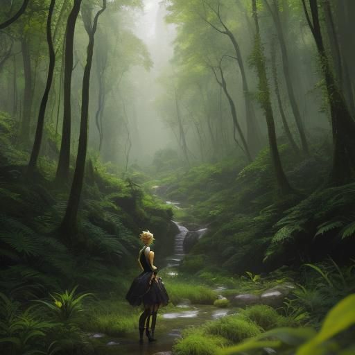 Blonde Woman in Yellow Dress in Forest: Fantasy Art