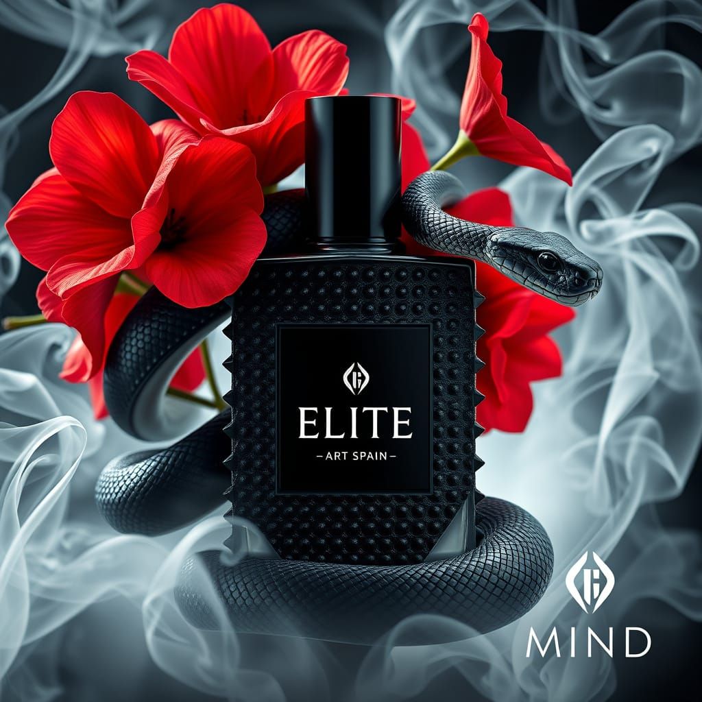 Elegant Perfume Bottle in Black with Red Flowers and Snake