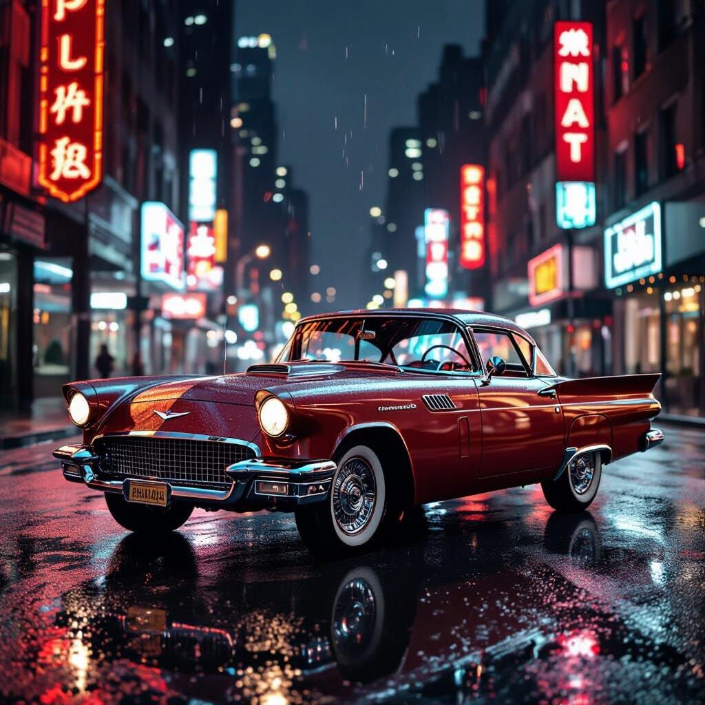 Vintage 1960s Sports Car on Wet City Street at Night