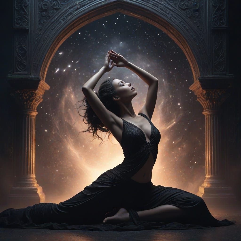 Ethereal Goddess in Gothic Yoga Pose Amidst Cosmic Nebula