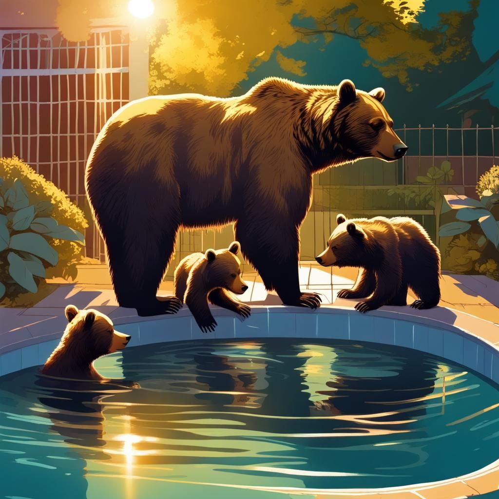 Bear Family's Sunny Pool Day in Cel Style