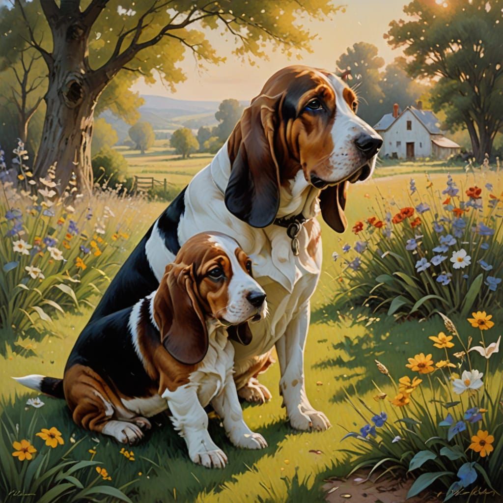 Basset Hound Mother and Pup in Golden Hour Sunlight