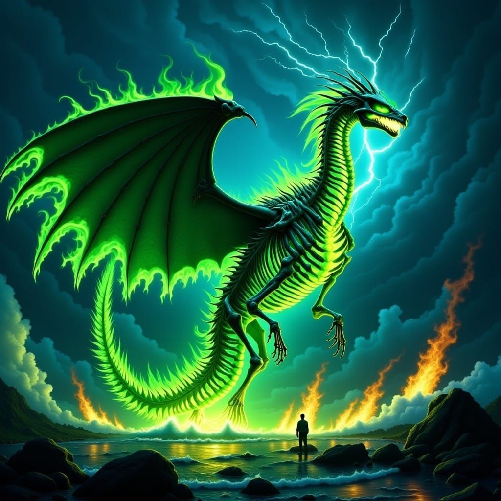 Dragon Skeleton Emerges from Green Fire: Digital Artwork