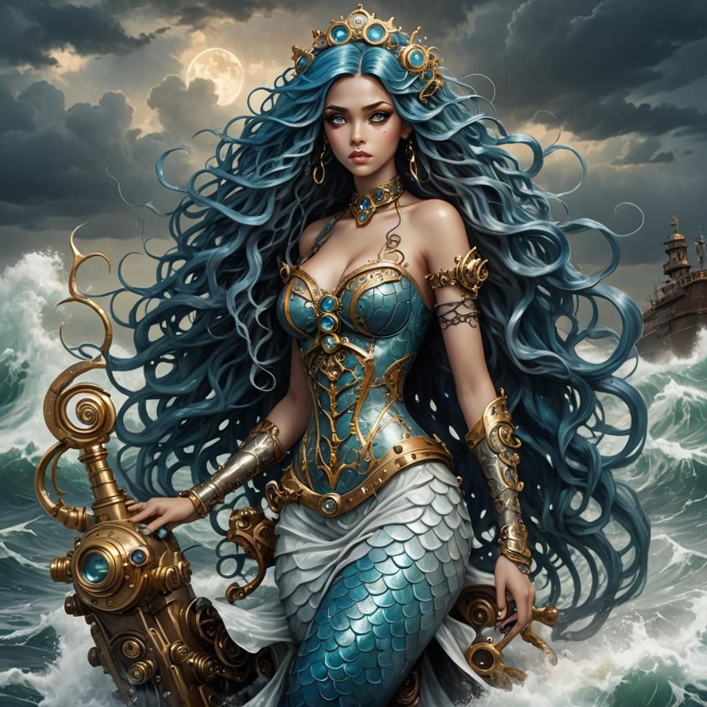 Steampunk Mermaid in Stormy Sea with Engine Tail